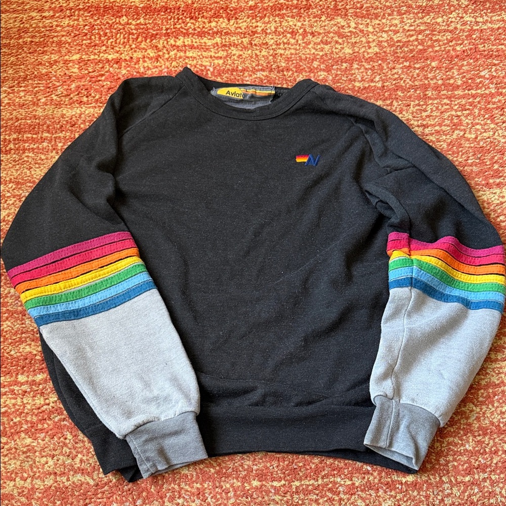 Aviator Nation Black Crewneck with Rainbow Sleeve Stripes